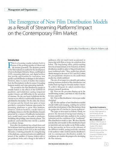 The Emergence of New Film Distribution Models as a Result of Streaming Platforms’ Impact on the Contemporary Film Market