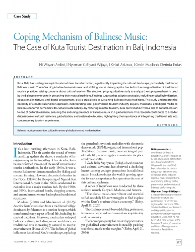 Coping Mechanism of Balinese Music: The Case of Kuta Tourist Destination in Bali, Indonesia