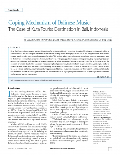 Coping Mechanism of Balinese Music: The Case of Kuta Tourist Destination in Bali, Indonesia